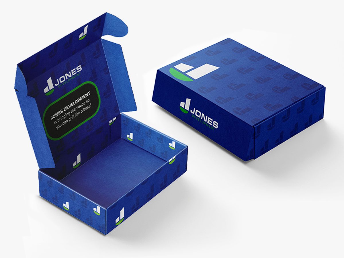 Custom printed blue box with branded design